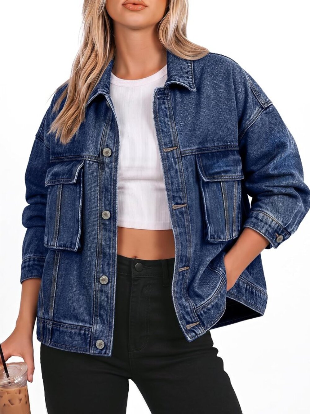 Women's Dark Blue Jean Jacket Button Down Denim Coat Classic Jacket with Pocket